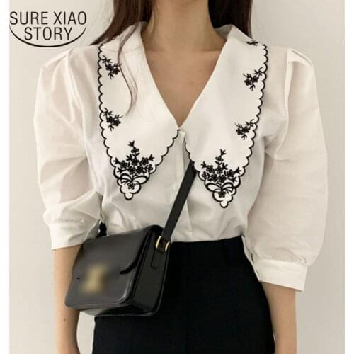Summer Half Sleeve Floral Embroidery Blouse Women 2021 Single Breasted Elegant White Shirts Vintage Tops Blusas Mujer 14223