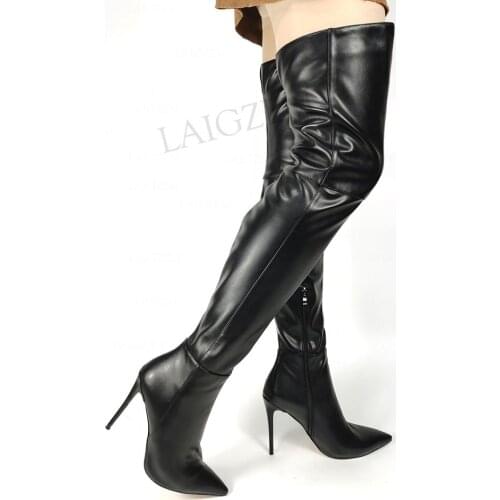 LAIGZEM SUPER Women Over Knee Boots High Heels Faux Leather Slim Heels Botines Party Club Ladies Shoes Woman Big Size 39 44 45