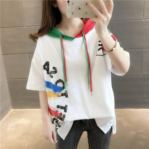 Pullover hooded short-sleeved women 2020 spring and summer new Korean loose color matching graffiti half-sleeved hoodie shirt