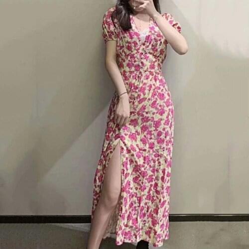 2021 Summer Sweet Bohemia Ruched High Split Women Dress Puff Short Sleeve Light Pink Floral Print V Neck Midi Dress Streetwear