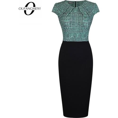 Vintage Ladies Summer Style Short Sleeve Pinup Elegant Floral Print Ruched Slim Sheath Patchwork Women Office Dresses EB316