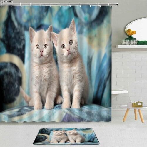 2Pcs Cute Cat Shower Curtain Oil Painting Cartoon Animals Dog Flowers Green Leaf Fabric Bathroom Curtains Non-Slip Bath Mat Set