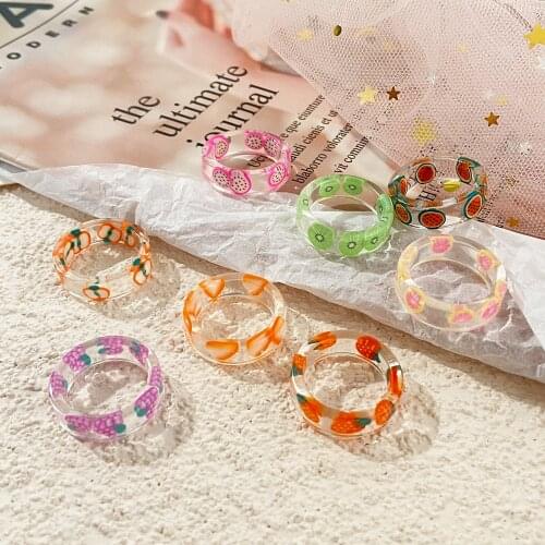 2021 Korea Colorful Fashion Resin Fruit Ring Set Metal Geometric Irregular Open Rings for Women Party Wedding Jewelry Ring Set