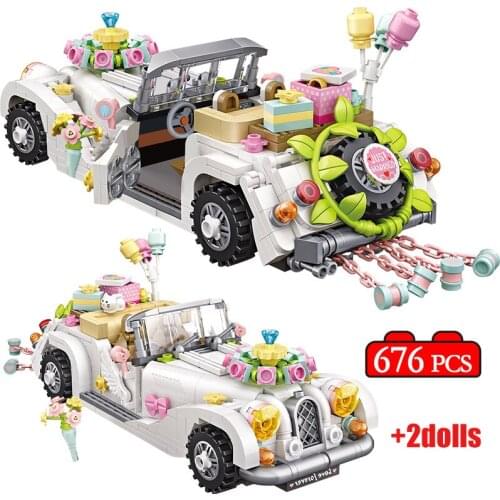 676pcs MINI Friends Romantic Wedding Flower Car Building Blocks City Street View DIY Vehicle Figures Bricks Toys For Girls Gifts