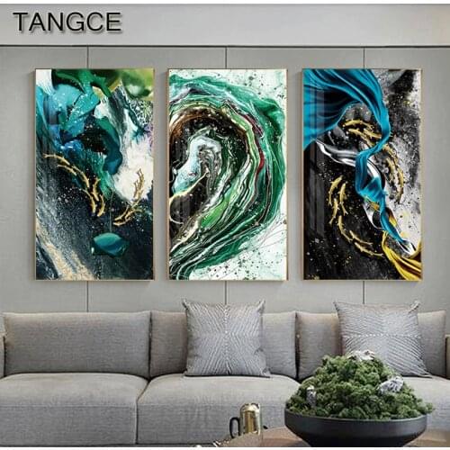 Abstract Flowing Green Canvas Painting Modern Deep Blue Paint Poster Golden Print Tableaux for Living Room Big Wall Art Cuadros