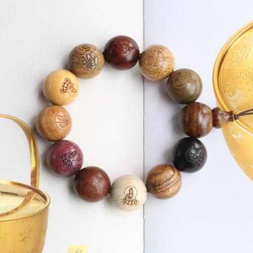 Natural Multicolor Wood Twelve Color Bracelet Mens Elastic Bracelet Wooden Beads Sakyamuni Buddha Handmade Rosary Bracelet Fash