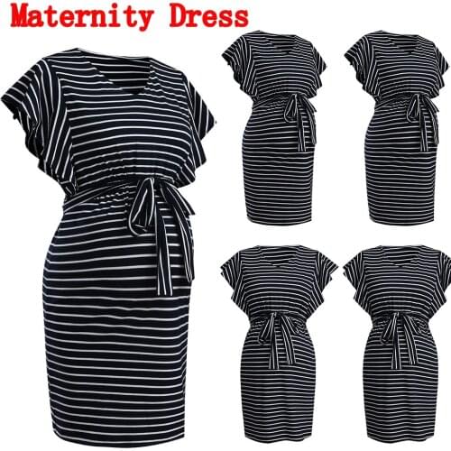 Womens Maternity Clothes Bodycon Dress Mama V Neck Casual Short Sleeve Stripe Belt Dresses Womens Clothing Plus Size