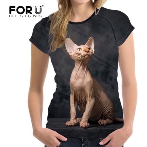 FORUDESIGNS Lovely Sphinx Cat Printed Summer Women T Shirt Casual Female Short Sleeve Tops Tee Shirt Canadian Hairless T-Shirts