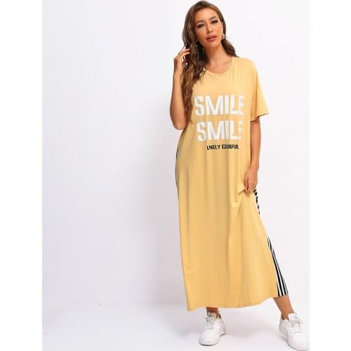 Fridayin Summer Women Letter Patchwork Sundress Casual Stitching Loose Plus Size Round Neck Stripe Long Dresses