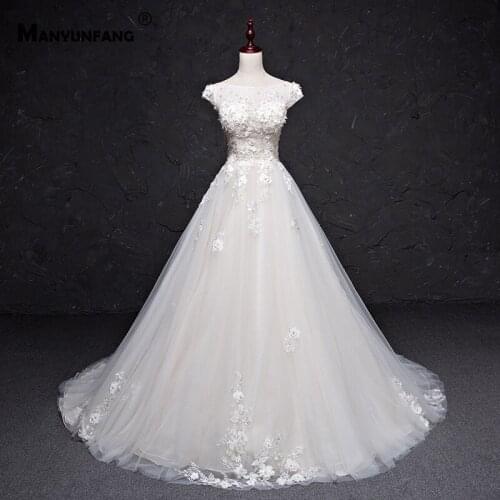 Custom Made 3D Flowers Court Train Cap Sleeve Bridal Ball Gown 100% Real Embroidery Appliques Tulle O-Neck Wedding Dress
