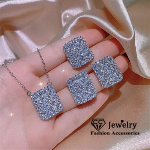 CC Luxury Fine Jewelry Set 925 Silver Necklace Earring Ring Sets Wedding Jewelry for Women Cubic Zircon Party Accessories Gift