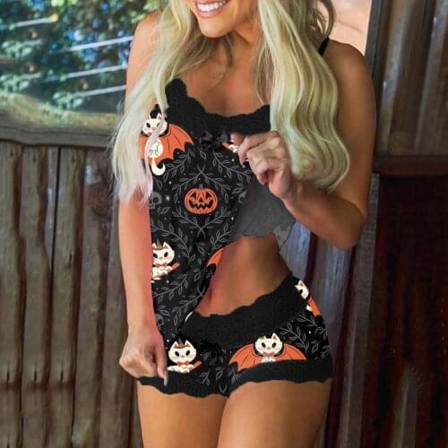 Spaghetti Strap Lace Pajama Set Halloween Sleeveless Pyjamas Sleep Shorts Set Lace Pijama Suit Sleepwear Women Sexy Nighties