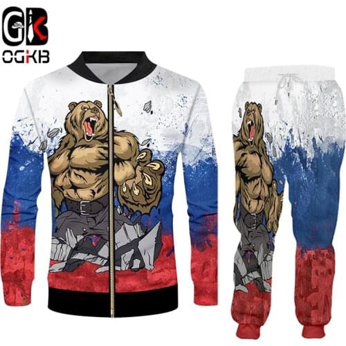 OGKB New Russian Bear Sportsuit Jacket+sweatpants Set 3D Full Body Printed Sweatsuit Casual Cool Harajuku Clothing Oversize 6XL