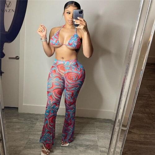 VAZN 2020 Hot Summer Shinny Floral Print Women Sleeveless Casual Bandage Set Tracksuit Sexy Suit 2 Piece Set Lady Sets