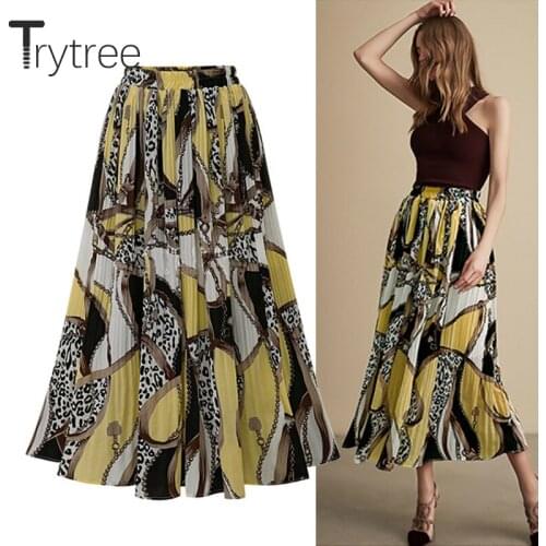 Trytree Summer Autumn Casual Skirt Women Polyester Print High Elastic Waist A-Line Skirt Mid-Calf Fashion Office Lady Skirts