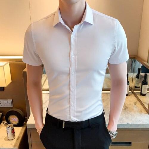 Mens Summer Business Short Sleeve Shirt Fashion Slim High Quality Pure Color Slim White Shirt Formal Office Cotton Shirt male