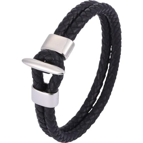 Punk Men Jewelry Black Red Double Braided Leather Bracelet Stainless Steel Easy-Hook Metal Buckle Male Leather Wristband PD0592