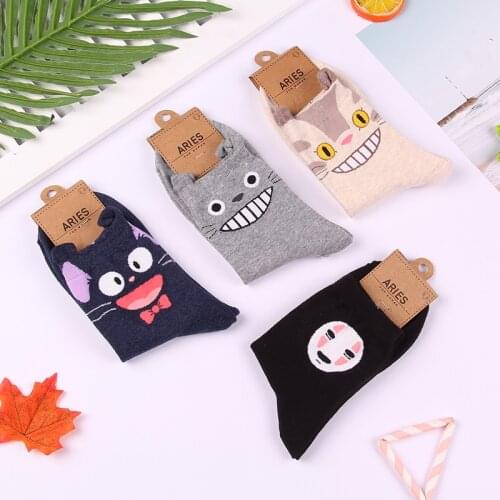 5pair Fashion Cartoon Cat Funny Cotton Comfort Socks Women No Face Man Pattern Sock Totoro Sweat Absorption Classic Cute Sock