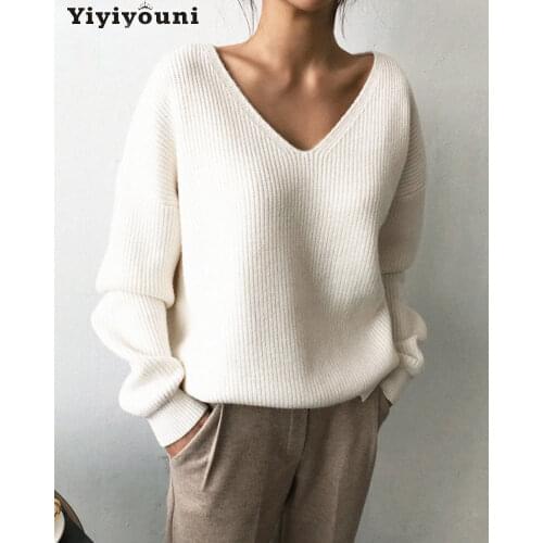 Yiyiyouni Autumn Winter V-neck Knitted Oversized Sweaters Women Casual Long Sleeve Knitted Pullovers Women Solid Basic Sweaters