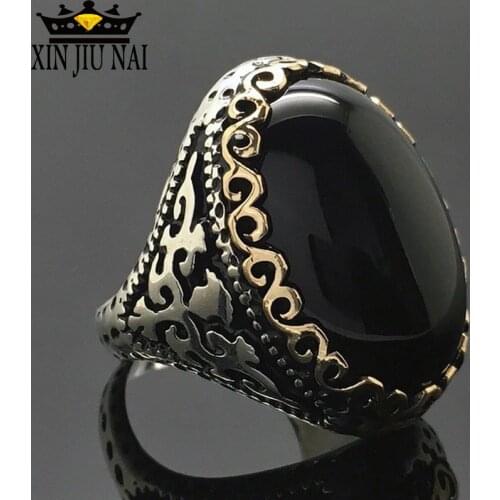 Oval Black Stone Men Women Ring Thai Silver Party Wedding Band Female Male Ring Signet Seal Engagement Vintage Jewelry