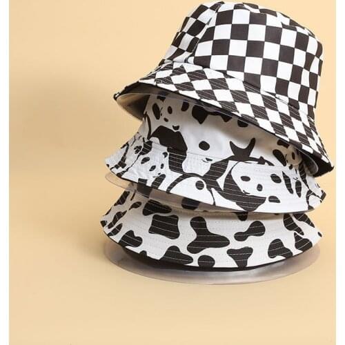 2021 HOT Black White Cow Print Bucket Hats For Women Men Summer Fishman Hats Girls Travel Sad Boy Panama Sun Hat