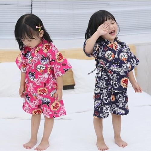 Oriental Japanese Style Traditional Yukata for Kids Girls Pajamas Sleepwear Cotton Comfortable Cute Cartoon Kimono Jinbei Set