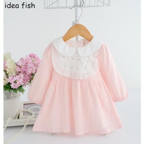 Baby Girls Dress Peter Pan Collar Beading Infant Party Dress For Toddler Girl 0-2T Brithday Baptism Clothes 3 color