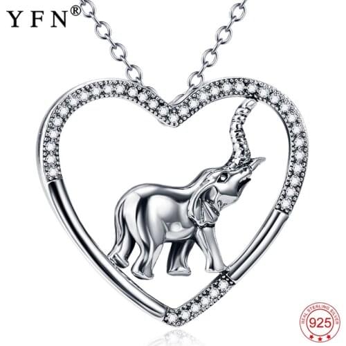 Genuine 925 Sterling Silver Jewelry Cubic Zirconia Heart Necklaces With Antique Silver Elephant Pendants Animal Jewelry GNX10881
