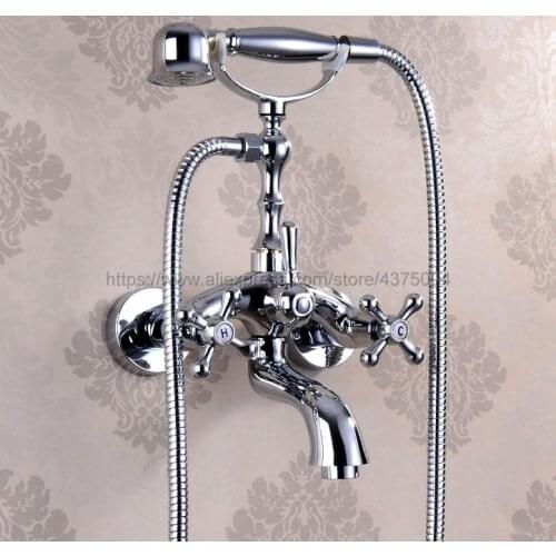 Polished Chrome Wall Mounted Telephone Euro Bath Tub Faucet Mixer Tap w/ Handheld Spray Shower Ntf932