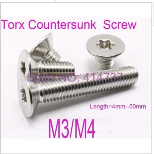100pcs Factory Direct Sale M3/M4 Flat Head Torx Countersunk Head Machine Screw Length 4mm--50mm
