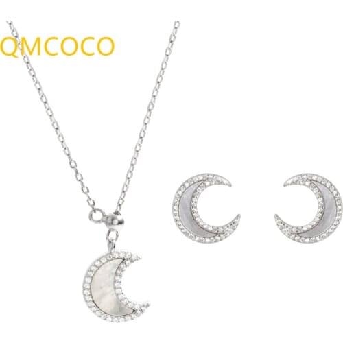 QMCOCO 925 Silver Shell Moon Jewelry Set Fashion Elegance Necklace+Earrings For Girl Wedding Romantic Party Jewelry Gifts