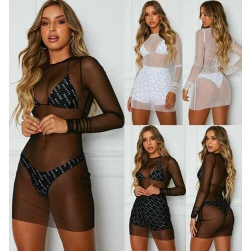 Sexy Womens Ladies See Through Mini Dress Sheer Mesh Cover ups Beach Party Dress