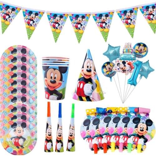 Mickey Mouse Party Supplies Disney Children Birthday Disposable Tableware Tablecloth Cup Gift Bag Cake Decoration Ballons Gift