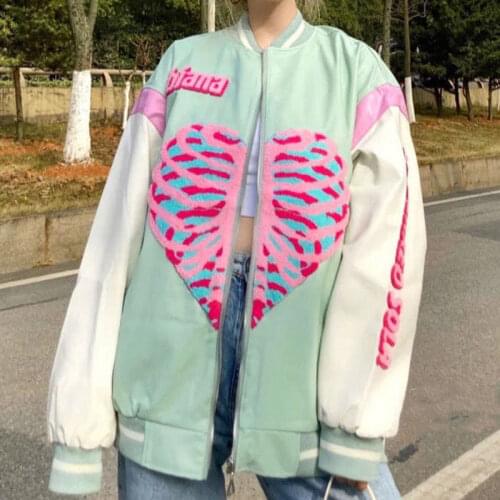 Women Baseball Jacket Casual Loose Pocket Letter Heart Print Patchwork Oversized Vintage Bomber Sweatshirt Streetwear Couple Top
