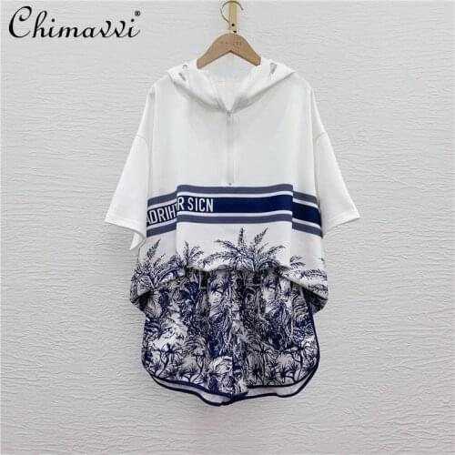 Fashion Ink Printing Pullover Hooded Short Sleeve T Shirt Women High Waist Wide Leg Split Shorts Lady Two Pieces Short Set