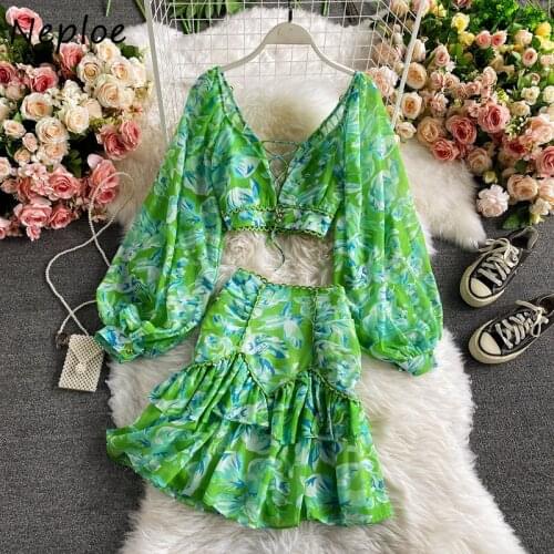 Neploe Vintage Print 2 Pcs Women Set V Neck Lantern Long Sleeve Blouse + High Waist Hip Mermaid Skirt Spring 2021 New Suit Slim