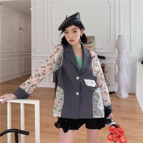 Womens Vintage Floral Embroidery Organza Patchwork Blazers Coat Summer 2021 New Korean Lapel Single Breasted Casual Suit Jacket