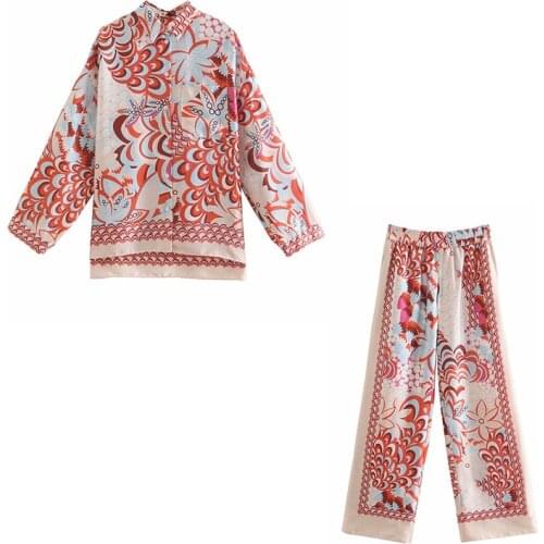 Floral Print 2 Piece Sets Womens Patchwork Long Sleeve Polo Collar Shirts High Elastic Waist Wide Leg Pants Streetwear Vintage