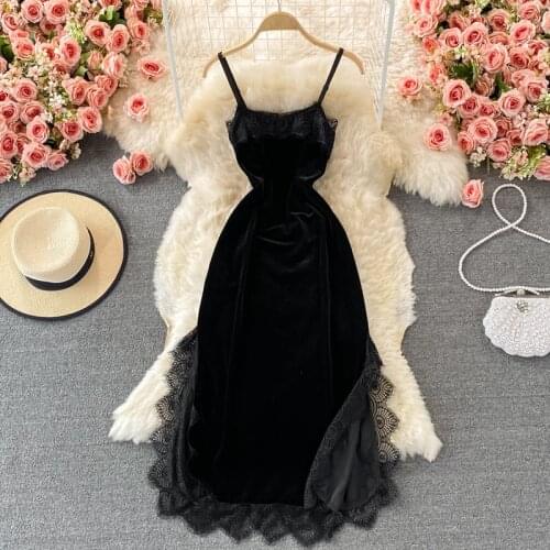 Lace Black Dress Women 2021 Elegant Ladies Corset Halter Solid Robe Sexy Velvet Dress Robe Camisole Femme Vestidos Festival