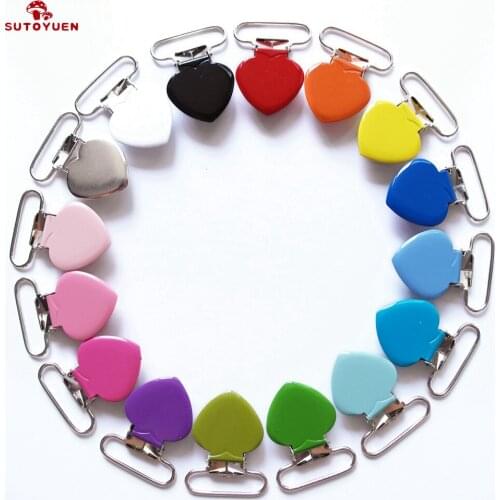 Lead Free 80pcs 1'' 25mm 16 Colors Enamel Heart Shape Metal Baby Pacifier Clips Holders / Suspender Clips