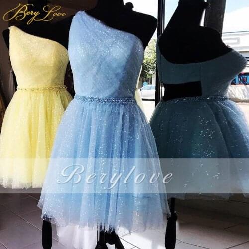 Berylove Blue Homecoming Dress Sparkly Tulle One Shoulder Short Party Dresses Vestidos de cocktail Sexy Homecoming dresses