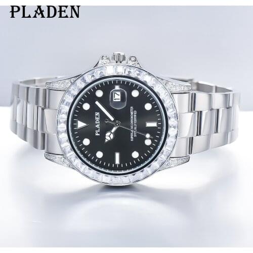 PLADEN Silver diamond Bezel Watches Luxury Sapphire Glass Automatic Date Watch Vintage Stainless Steel Quartz Clock Dropshipping