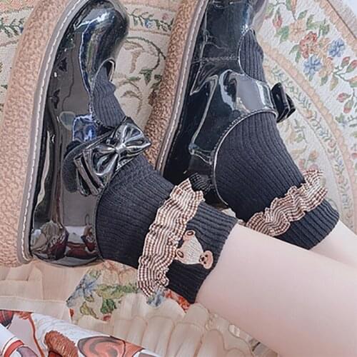 Black Kawaii Lolita Socks Japanese Harjuku Cotton Bear Fairy Maid Tube Socks Ruffles Cosplay Kawaii Girls Accessories