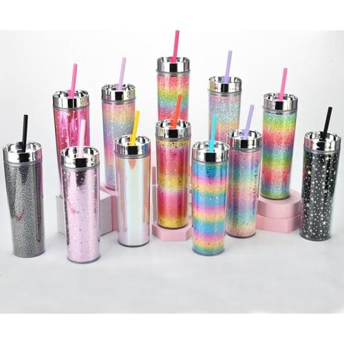 19oz 20oz as Plastic Double Straw Acrylic Straight Cup Travel Coffee Cup Skinny Tumbler with Transparent Milk Cold Drink
