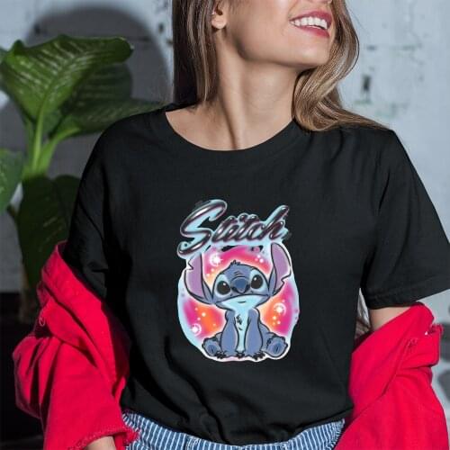 Disney Lilo & Stitch Airbrushed T-Shirt Summer Oversize T Shirt Women Harajuku Black Short Sleeves Tshirt Tee Hip Hop Unisex Top