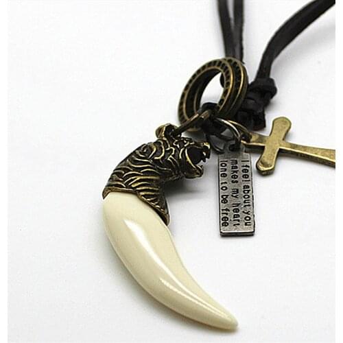 XiongHang Fashion Handmade Tiger Tooth Teeth Pendant Charms Necklace Leather Necklaces For Men Vintage Style Pendant Charms