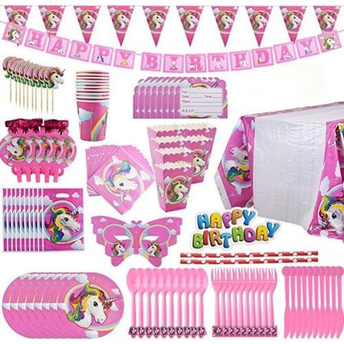 Unicorn Birthday Party Decoration Childrens Disposable Tableware Set Paper Plate Cup Napkin Girl Birthday Supplies