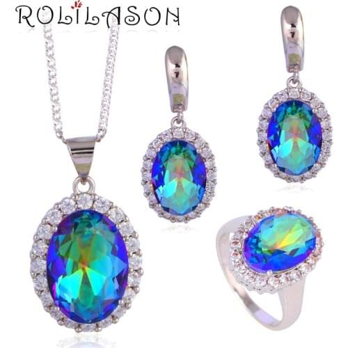 Silver plated stamped Clip Earrings Necklace Pendant rings Wedding Rainbow AAA CZ Fashion Jewelry Set for party JS631
