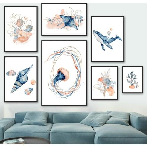 Whale Octopus Conch Coral Jellyfish Ray Wall Art Canvas Painting Nordic Posters And Prints Wall Pictures Kids Room Nursery Decor