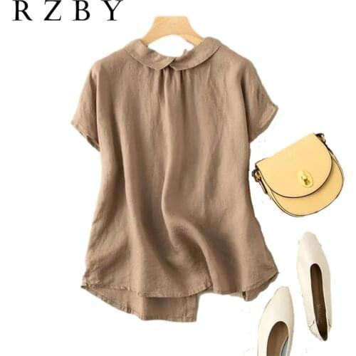 New Arrival 2021 Summer Women Peter Pan Collar Short Sleeve Shirt All-matched Casual Cotton Linen Loose Blouse Plus Size RZBY279